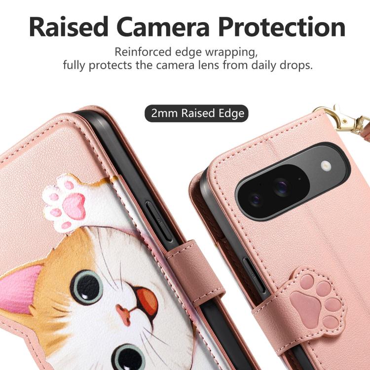 For Google Pixel 7 Cat-shaped Zipper Wallet Vegan Leather Phone Case with Strap