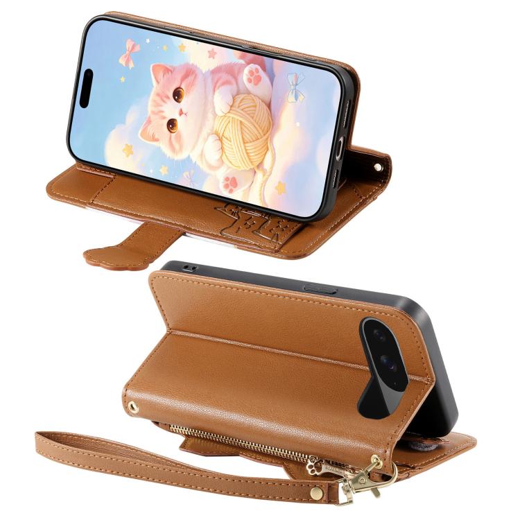 For Google Pixel 7 Pro Cat-shaped Zipper Wallet Vegan Leather Phone Case with Strap