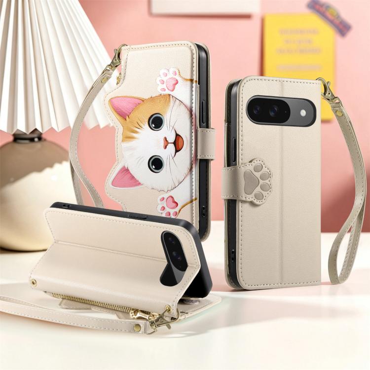For Google Pixel 7 Pro Cat-shaped Zipper Wallet Vegan Leather Phone Case with Strap