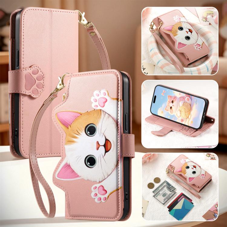 For Google Pixel 7a Cat-shaped Zipper Wallet Vegan Leather Phone Case with Strap