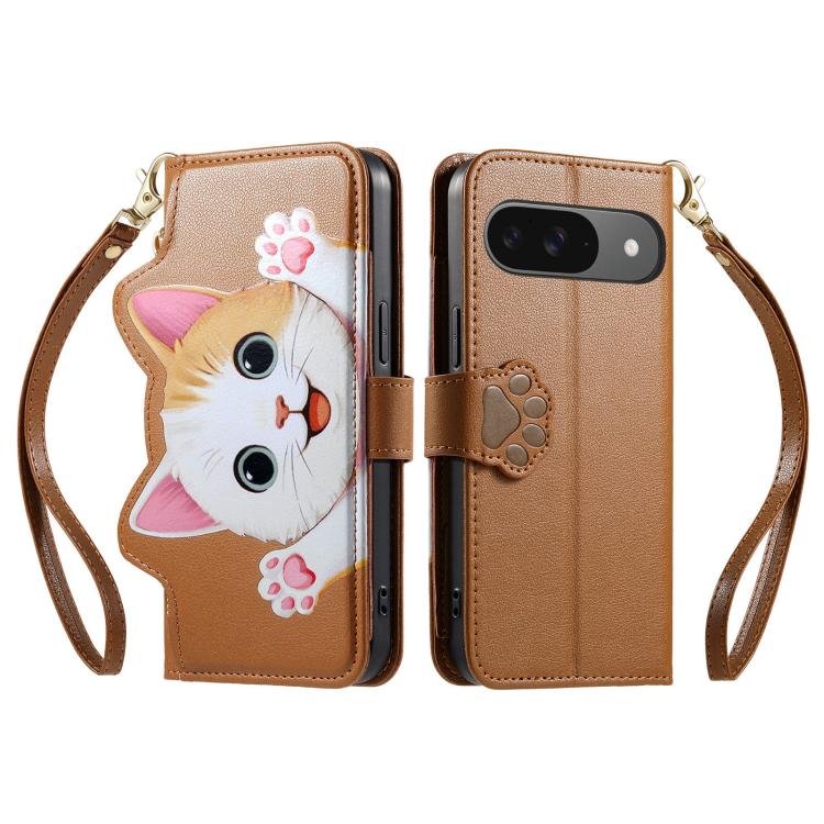For Google Pixel 6 Cat-shaped Zipper Wallet Vegan Leather Phone Case with Strap