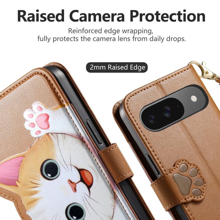 For Google Pixel 6 Cat-shaped Zipper Wallet Vegan Leather Phone Case with Strap