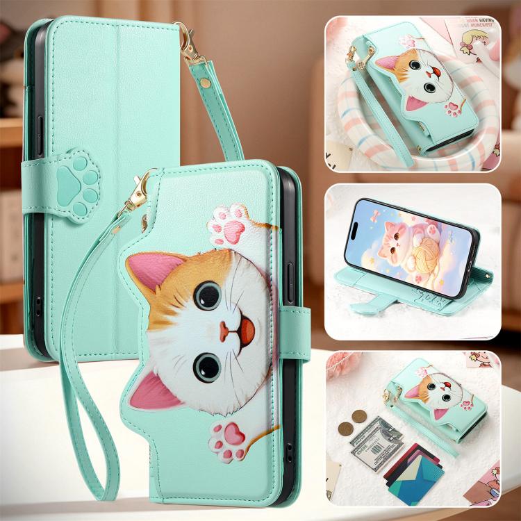 For Google Pixel 11 Pro Cat-shaped Zipper Wallet Vegan Leather Phone Case with Strap