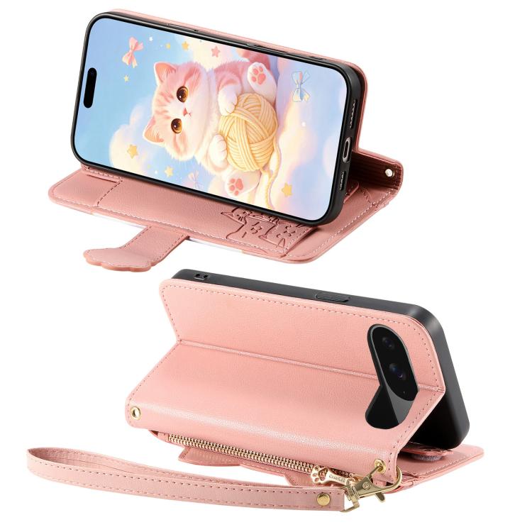 For Google Pixel 11 Pro Cat-shaped Zipper Wallet Vegan Leather Phone Case with Strap