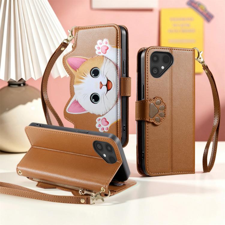 For Fairphone 5 Cat-shaped Zipper Wallet Vegan Leather Phone Case with Strap