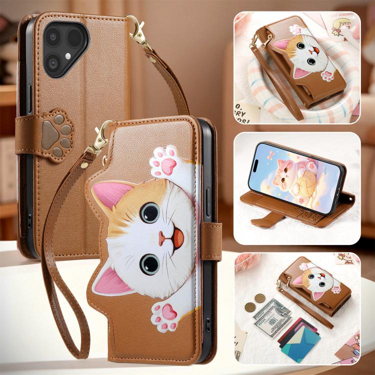 For Fairphone 5 Cat-shaped Zipper Wallet Vegan Leather Phone Case with Strap