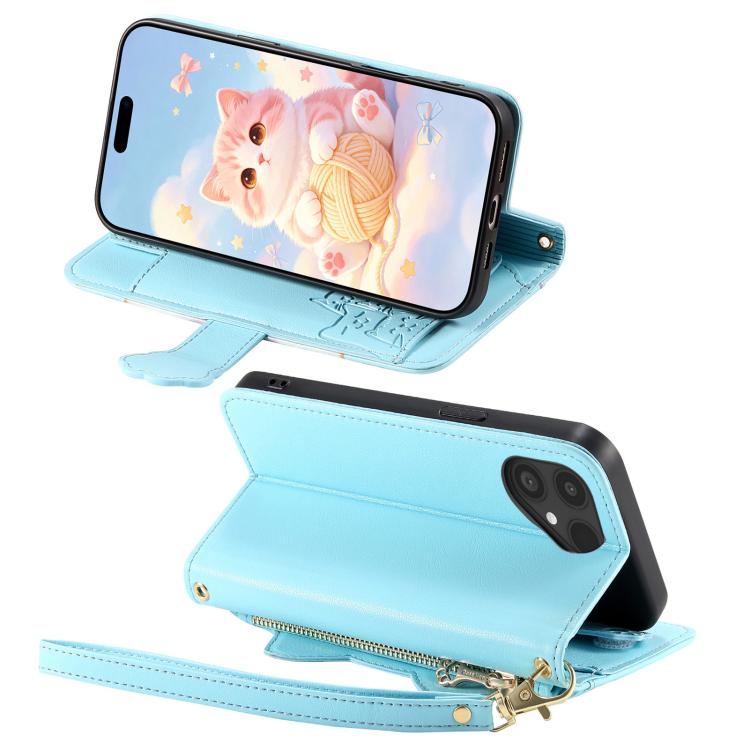 For Fairphone 5 Cat-shaped Zipper Wallet Vegan Leather Phone Case with Strap