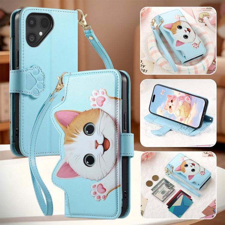 For Fairphone 5 Cat-shaped Zipper Wallet Vegan Leather Phone Case with Strap