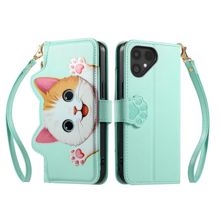 For Fairphone 5 Cat-shaped Zipper Wallet Vegan Leather Phone Case with Strap