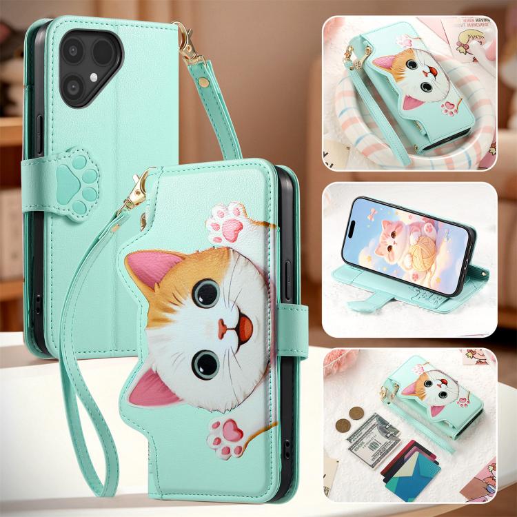 For Fairphone 5 Cat-shaped Zipper Wallet Vegan Leather Phone Case with Strap