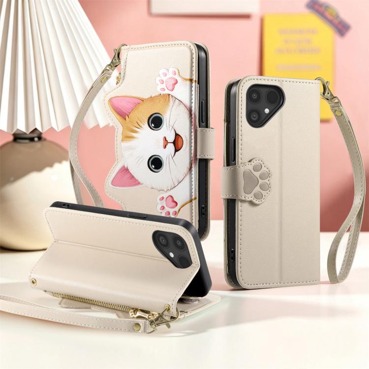 For Fairphone 5 Cat-shaped Zipper Wallet Vegan Leather Phone Case with Strap