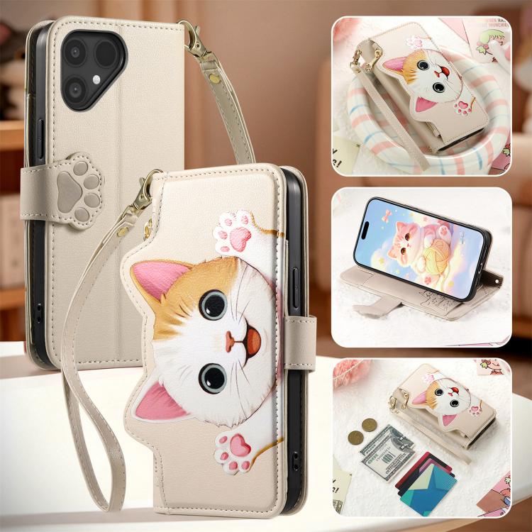 For Fairphone 5 Cat-shaped Zipper Wallet Vegan Leather Phone Case with Strap