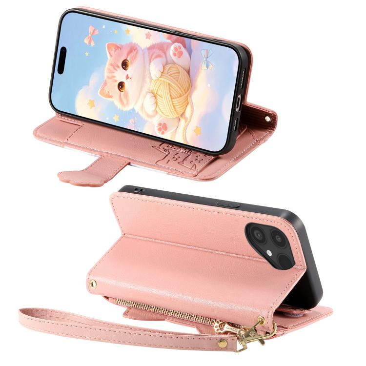 For Fairphone 5 Cat-shaped Zipper Wallet Vegan Leather Phone Case with Strap