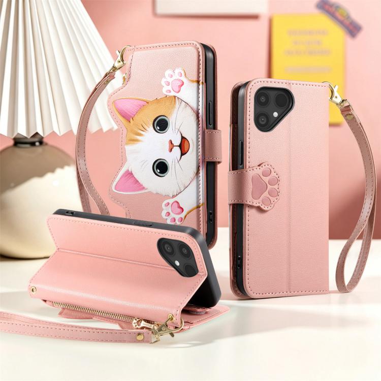 For Fairphone 5 Cat-shaped Zipper Wallet Vegan Leather Phone Case with Strap