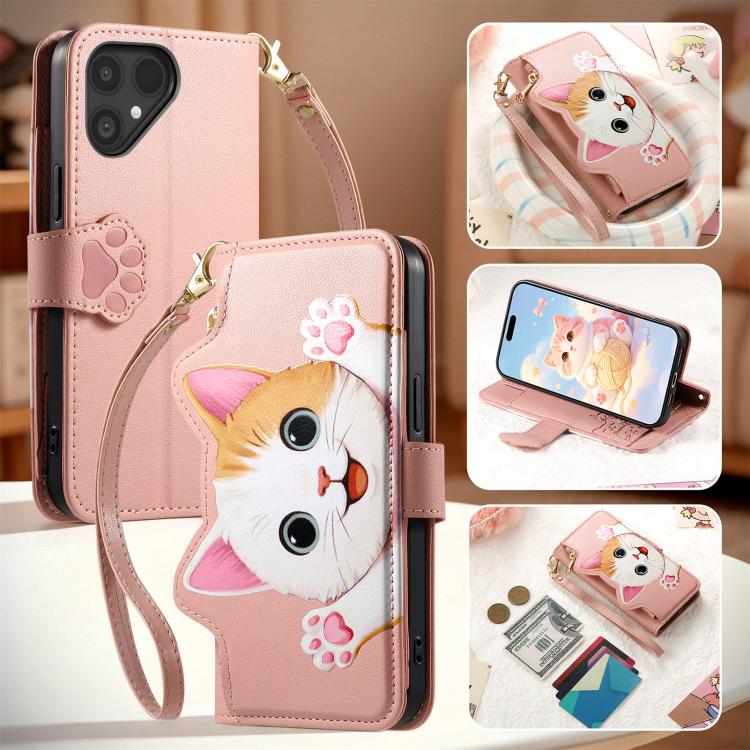 For Fairphone 5 Cat-shaped Zipper Wallet Vegan Leather Phone Case with Strap