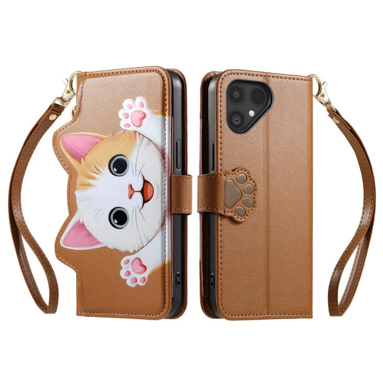 For Fairphone 6 Cat-shaped Zipper Wallet Vegan Leather Phone Case with Strap