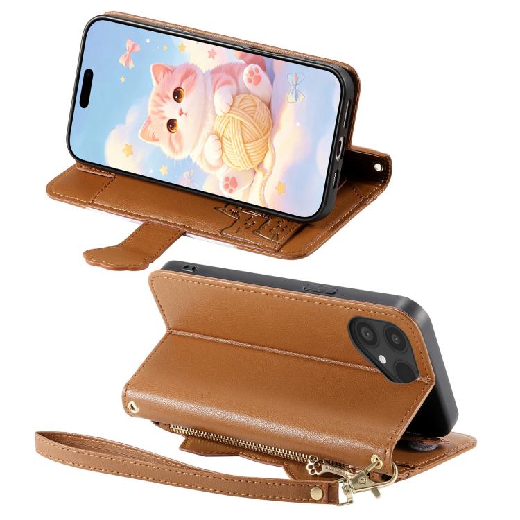 For Fairphone 6 Cat-shaped Zipper Wallet Vegan Leather Phone Case with Strap