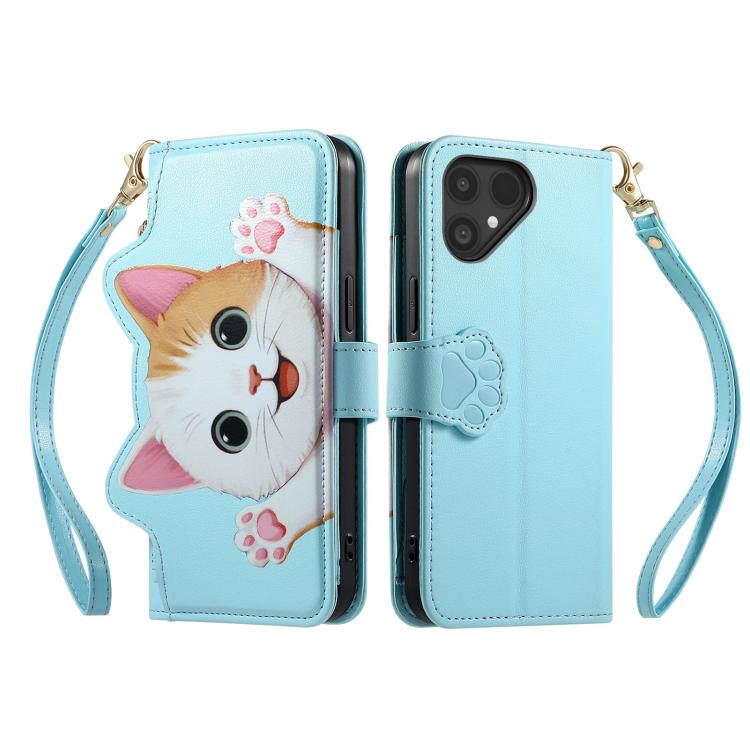 For Fairphone 6 Cat-shaped Zipper Wallet Vegan Leather Phone Case with Strap