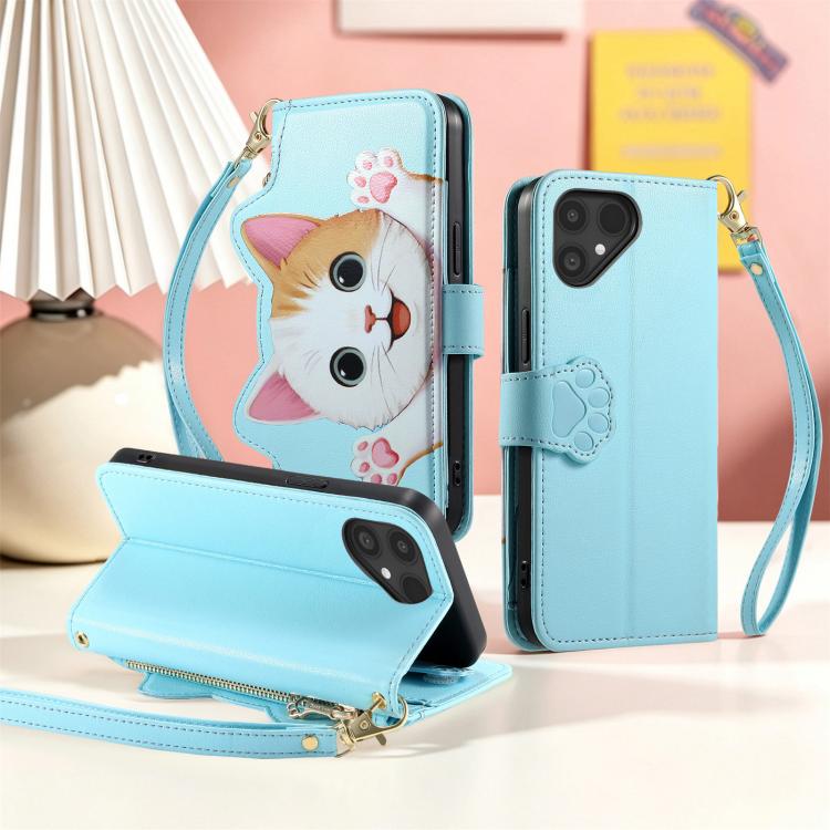 For Fairphone 6 Cat-shaped Zipper Wallet Vegan Leather Phone Case with Strap