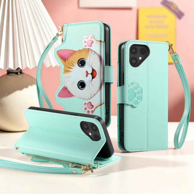 For Fairphone 6 Cat-shaped Zipper Wallet Vegan Leather Phone Case with Strap