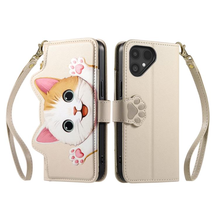 For Fairphone 6 Cat-shaped Zipper Wallet Vegan Leather Phone Case with Strap