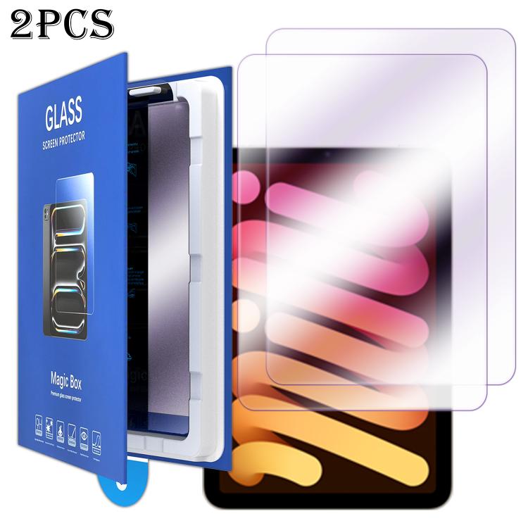 For iPad mini 2024 / mini 6 2pcs Book Box Style Easy Install Dust-proof Box Purple Light Tempered Glass Tablet Film