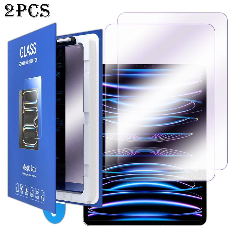For iPad Pro 12.9 2022 / 2021 2pcs Book Box Style Easy Install Dust-proof Box Purple Light Tempered Glass Tablet Film