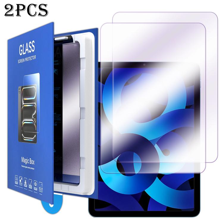 For iPad Air 2022 / 2020 10.9 2pcs Book Box Style Easy Install Dust-proof Box Purple Light Tempered Glass Tablet Film