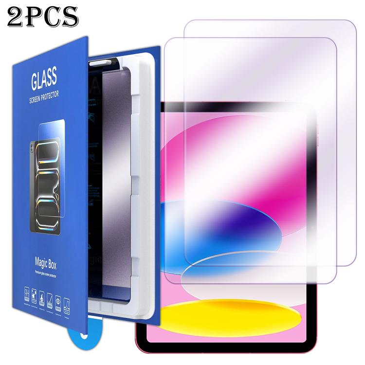For iPad 10.2 2021 / 2020 / 2019 2pcs Book Box Style Easy Install Dust-proof Box Purple Light Tempered Glass Tablet Film