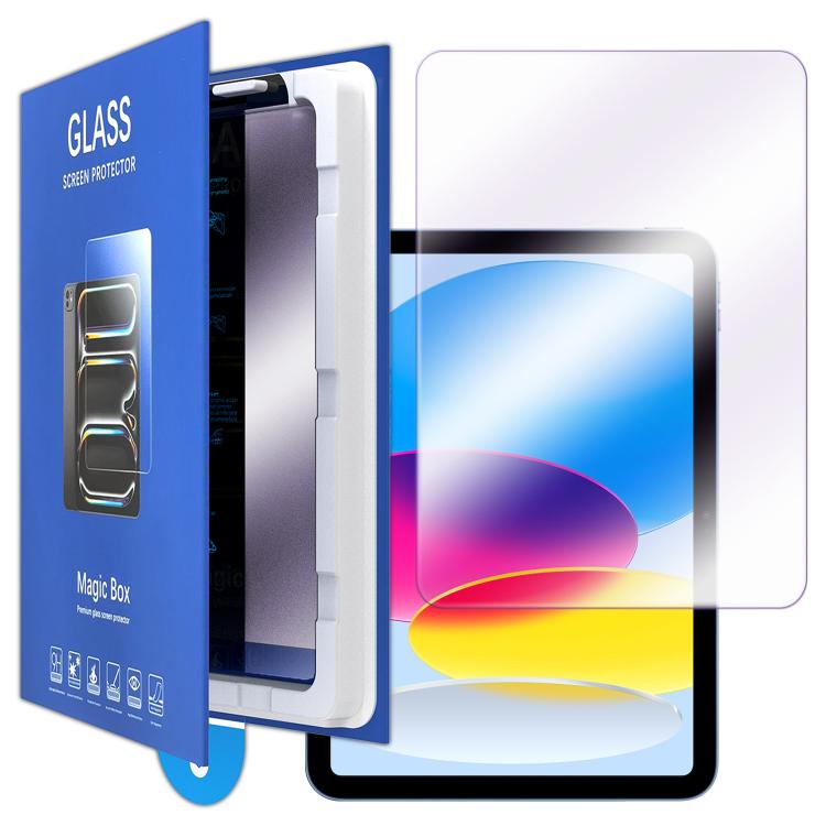 For iPad 2026 / 2025 / 2022 Book Box Style Easy Install Dust-proof Box Purple Light Tempered Glass Tablet Film