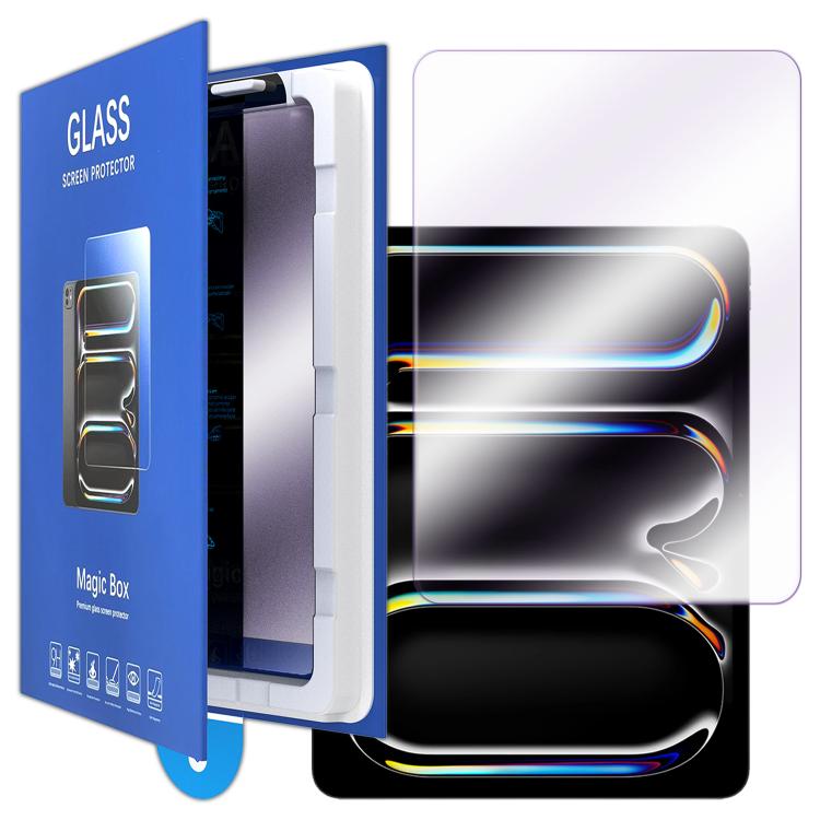 For iPad Pro 11 2025 / 2024 Book Box Style Easy Install Dust-proof Box Purple Light Tempered Glass Tablet Film