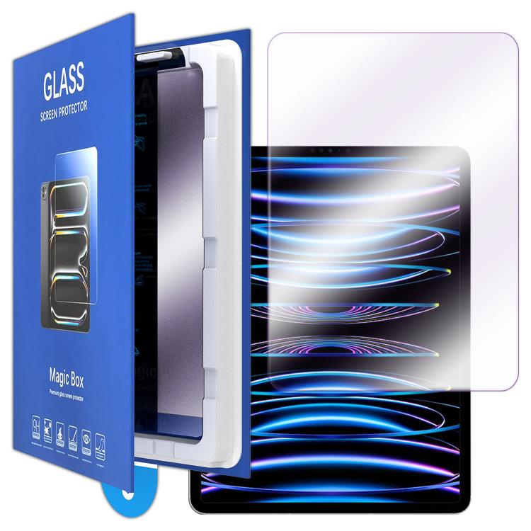 For iPad Pro 12.9 2022 / 2021 Book Box Style Easy Install Dust-proof Box Purple Light Tempered Glass Tablet Film