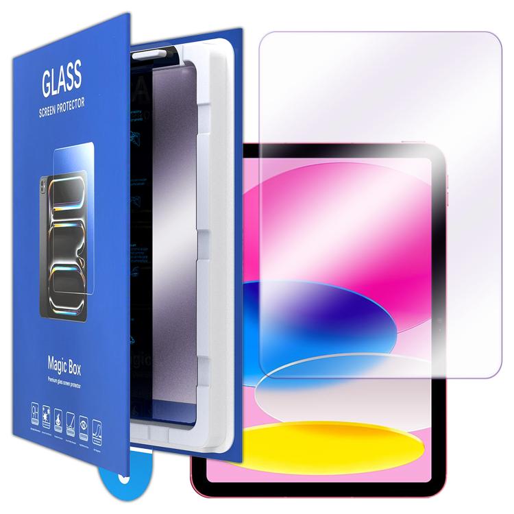 For iPad 10.2 2021 / 2020 / 2019 Book Box Style Easy Install Dust-proof Box Purple Light Tempered Glass Tablet Film