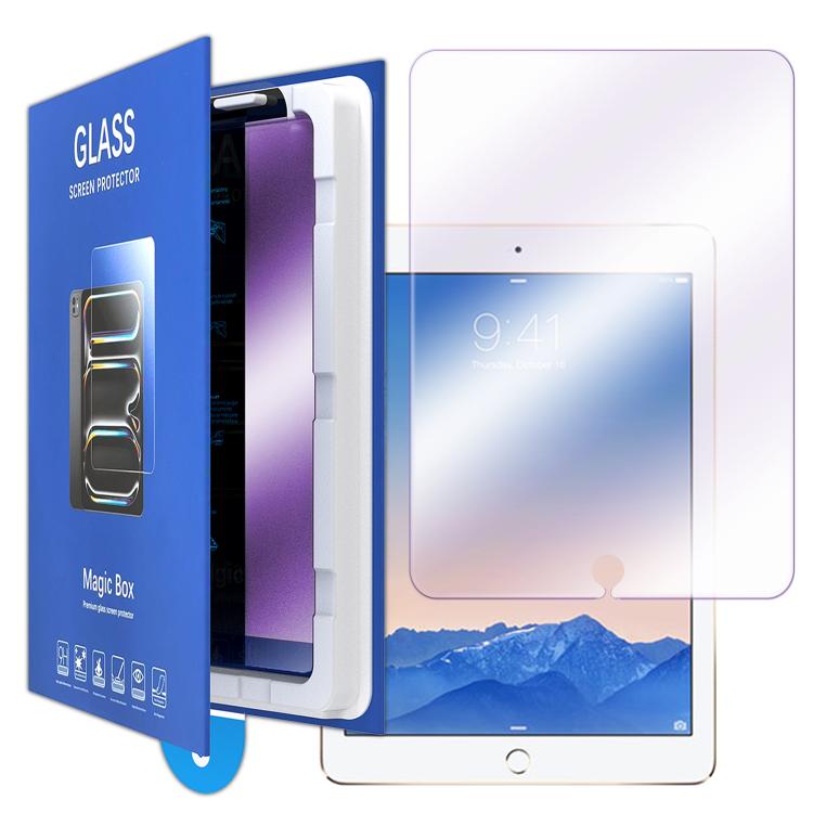 For iPad Air 2 / Air 1 Book Box Style Easy Install Dust-proof Box Purple Light Tempered Glass Tablet Film