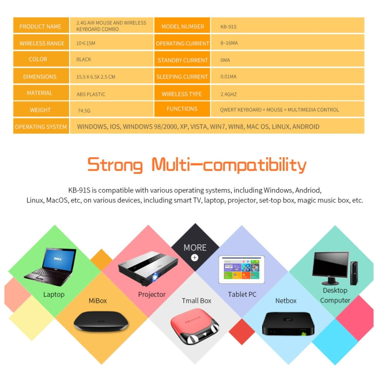 KB-91S 2.4GHz Keyboard Fly Mouse Rechargeable Remote Control for Android TV BOX PC Tablet