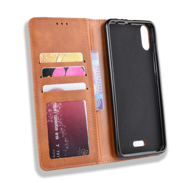 Magnetic Buckle Retro Crazy Horse Texture Horizontal Flip Leather Case for Wiko Y80, with Holder & Card Slots & Photo Frame