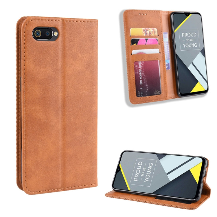 Magnetic Buckle Retro Crazy Horse Texture Horizontal Flip Leather Case for OPPO Realme C2 / A1K , with Holder & Card Slots & Photo Frame