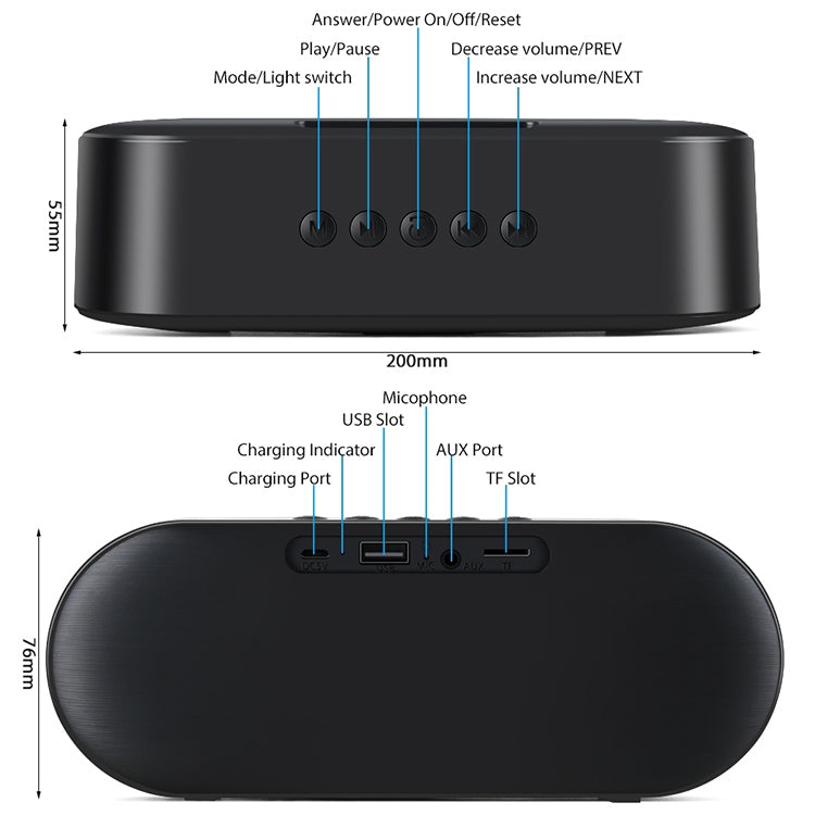 S6 10W Portable Bluetooth 5.0 Wireless Stereo Bass Hifi Speaker, Support TF Card AUX USB Handsfree with Flash LED