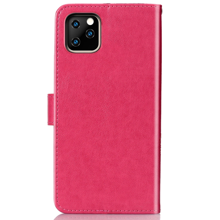 For iPhone 11 Pro Max Four-leaf Clasp Embossed Buckle Mobile Phone Protection Leather Case with Lanyard & Card Slot & Wallet & Bracket Function