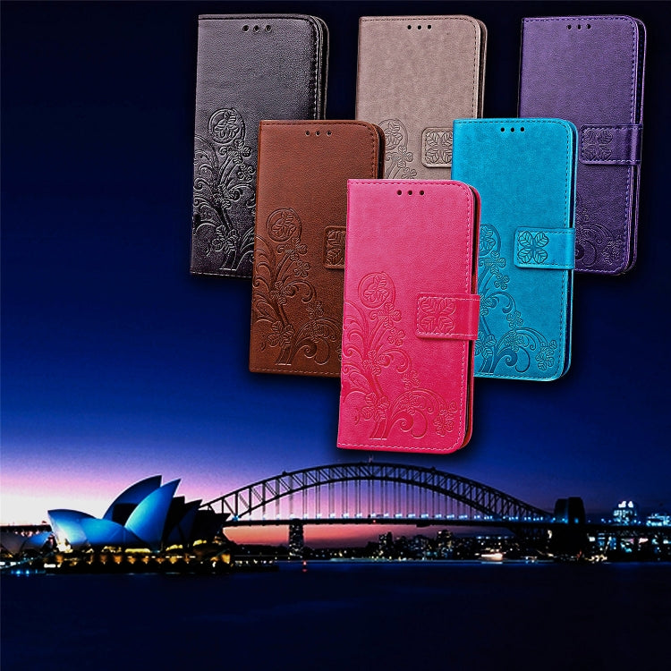 For iPhone 11 Pro Max Four-leaf Clasp Embossed Buckle Mobile Phone Protection Leather Case with Lanyard & Card Slot & Wallet & Bracket Function