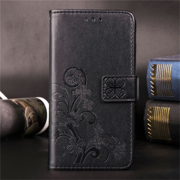 For iPhone 11 Pro Max Four-leaf Clasp Embossed Buckle Mobile Phone Protection Leather Case with Lanyard & Card Slot & Wallet & Bracket Function