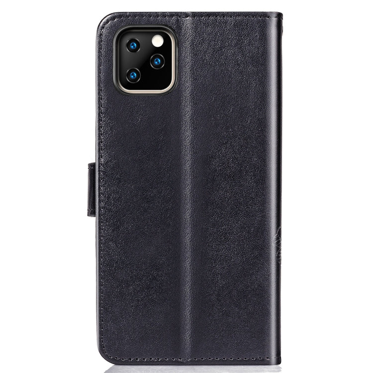 For iPhone 11 Pro Max Four-leaf Clasp Embossed Buckle Mobile Phone Protection Leather Case with Lanyard & Card Slot & Wallet & Bracket Function