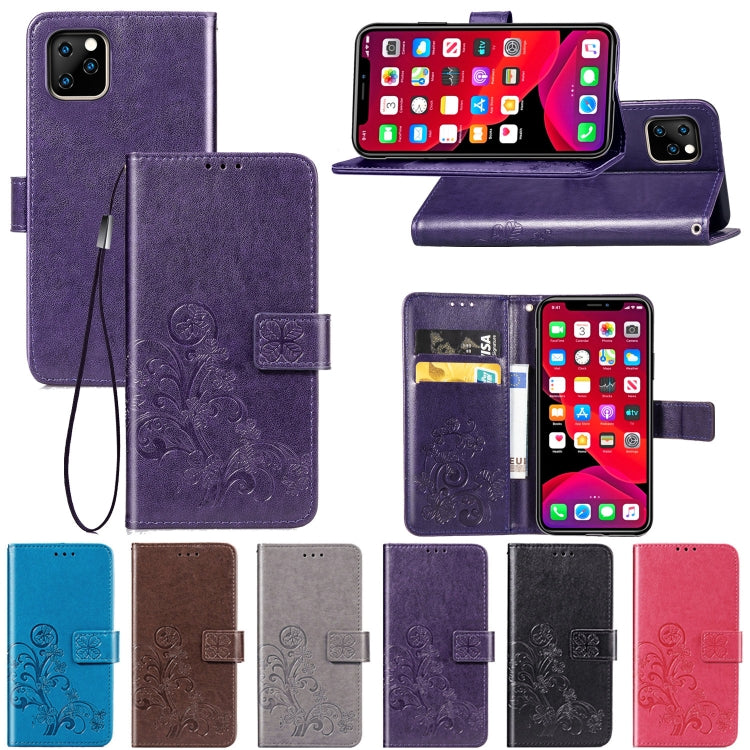 For iPhone 11 Pro Max Four-leaf Clasp Embossed Buckle Mobile Phone Protection Leather Case with Lanyard & Card Slot & Wallet & Bracket Function