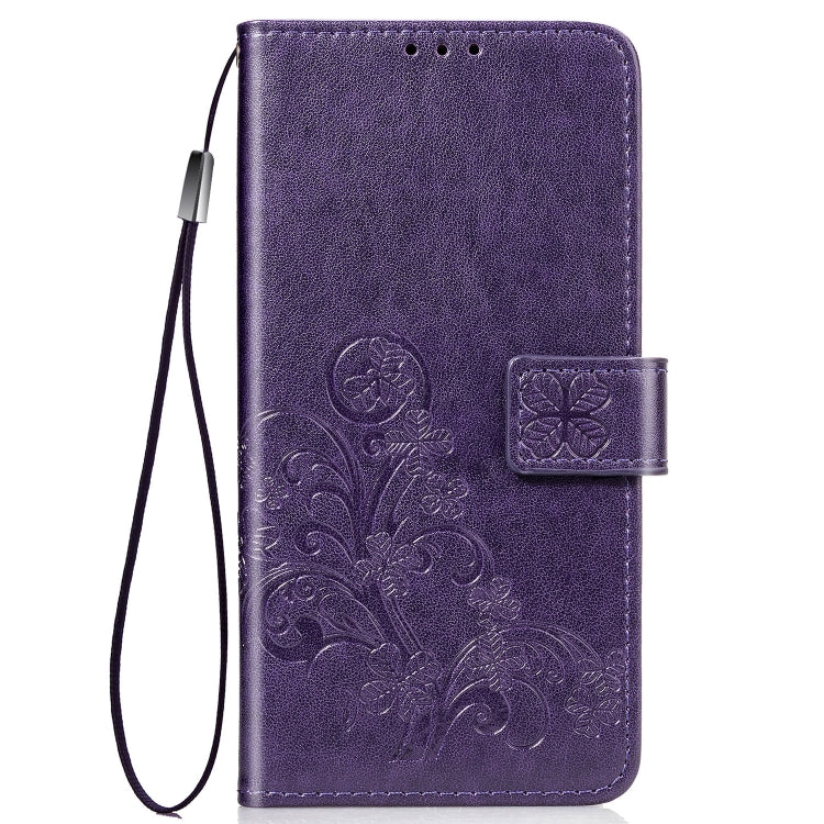 For iPhone 11 Pro Max Four-leaf Clasp Embossed Buckle Mobile Phone Protection Leather Case with Lanyard & Card Slot & Wallet & Bracket Function