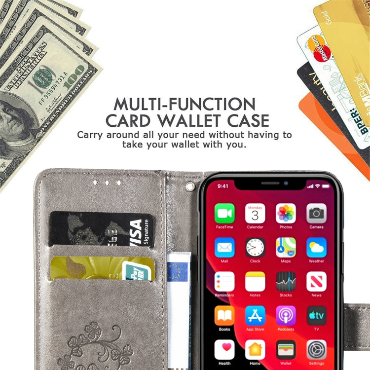 For iPhone 11 Pro Max Four-leaf Clasp Embossed Buckle Mobile Phone Protection Leather Case with Lanyard & Card Slot & Wallet & Bracket Function