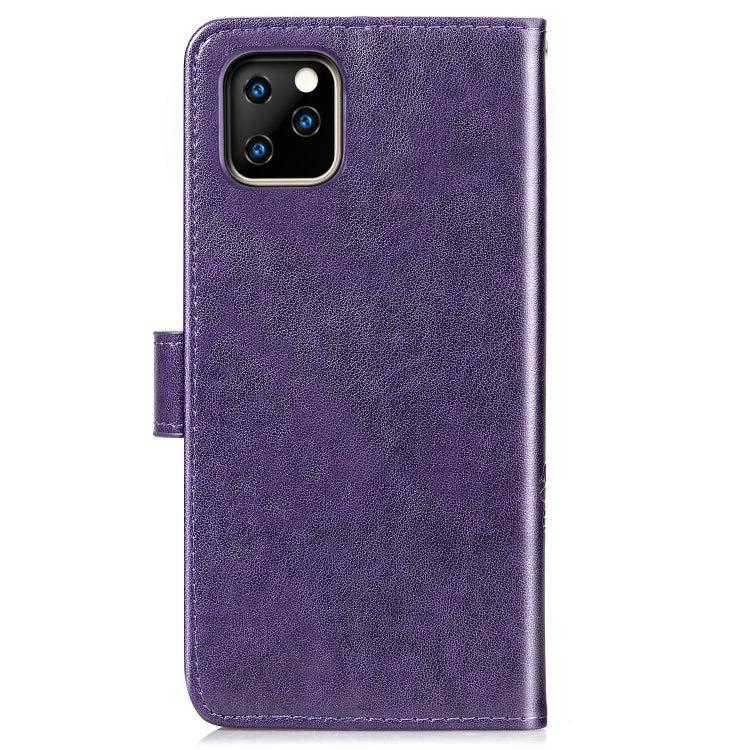 For iPhone 11 Pro Max Four-leaf Clasp Embossed Buckle Mobile Phone Protection Leather Case with Lanyard & Card Slot & Wallet & Bracket Function