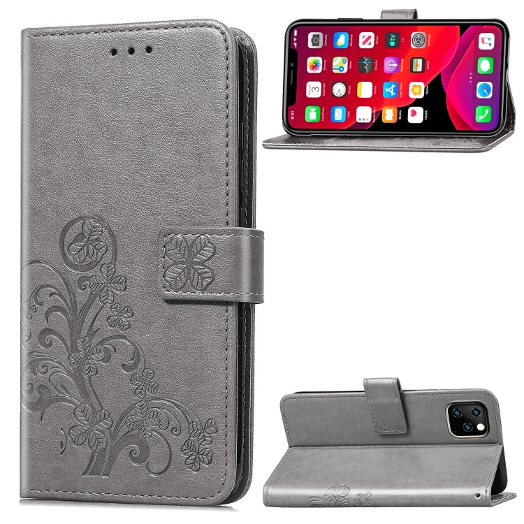 For iPhone 11 Pro Max Four-leaf Clasp Embossed Buckle Mobile Phone Protection Leather Case with Lanyard & Card Slot & Wallet & Bracket Function