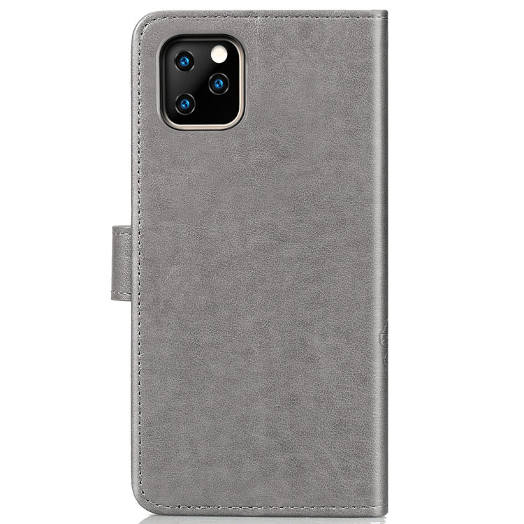 For iPhone 11 Pro Max Four-leaf Clasp Embossed Buckle Mobile Phone Protection Leather Case with Lanyard & Card Slot & Wallet & Bracket Function