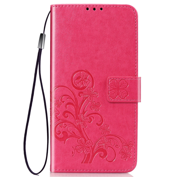 For iPhone 11 Four-leaf Clasp Embossed Buckle Mobile Phone Protection Leather Case with Lanyard & Card Slot & Wallet & Bracket Function