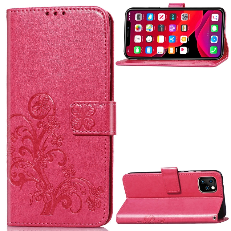 For iPhone 11 Four-leaf Clasp Embossed Buckle Mobile Phone Protection Leather Case with Lanyard & Card Slot & Wallet & Bracket Function